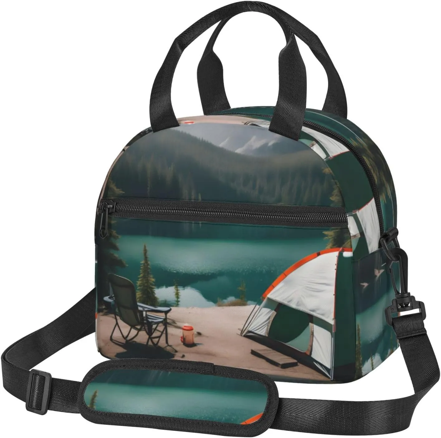 Serenity Lake Camping Print Foods Insulated Lunch Bag Cute Tote Box Leakproof Cooler Adjustable Shoulder Strap