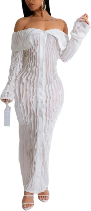 Sexy Button Down Dress for Women See Through Long Sleeve Off Shoulder Bodycon Maxi Dresses