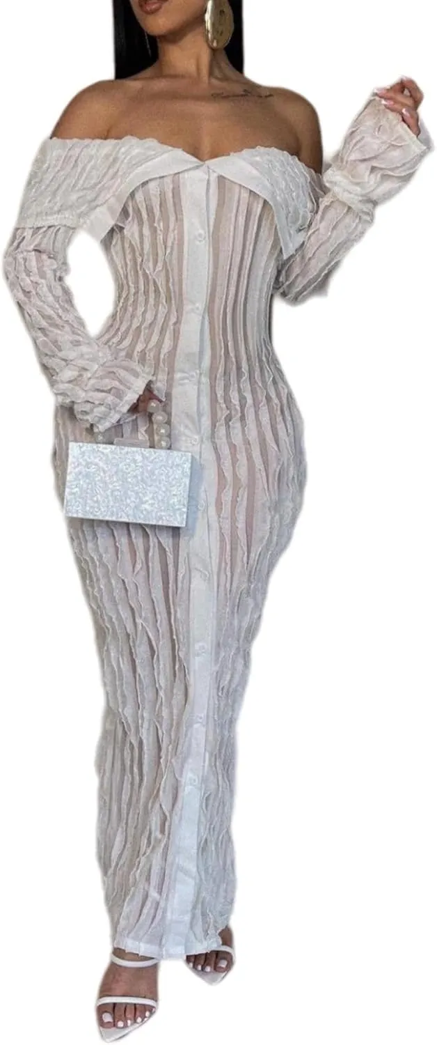 Sexy Button Down Dress for Women See Through Long Sleeve Off Shoulder Bodycon Maxi Dresses