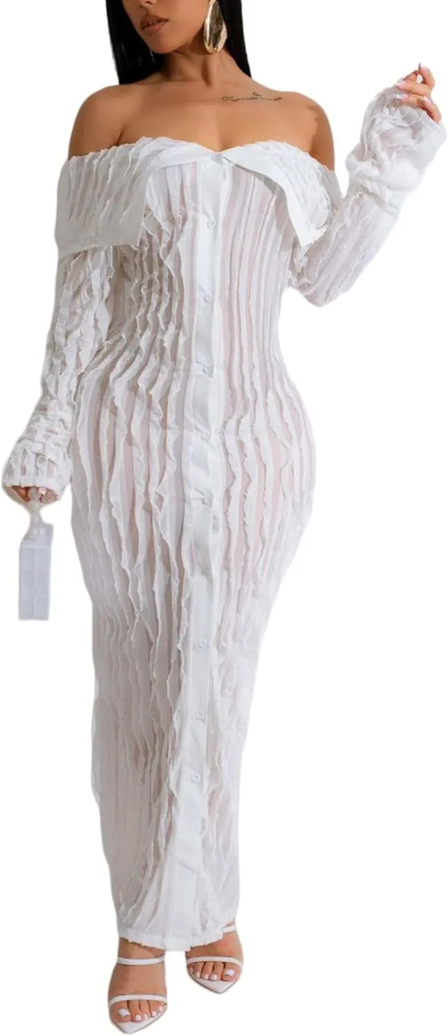 Sexy Button Down Dress for Women See Through Long Sleeve Off Shoulder Bodycon Maxi Dresses