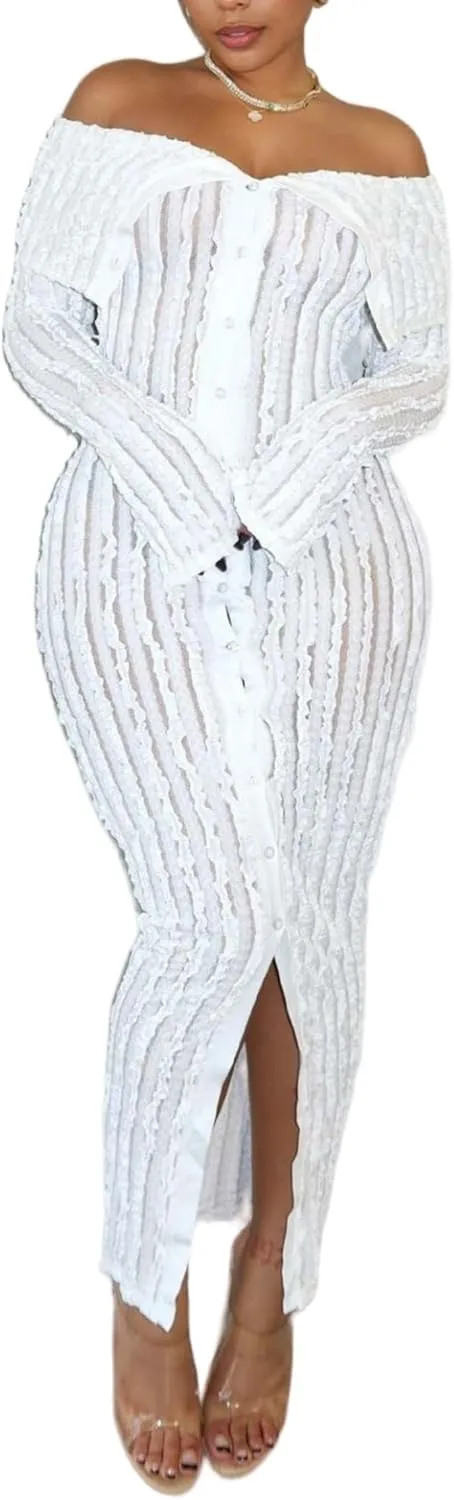 Sexy Button Down Dress for Women See Through Long Sleeve Off Shoulder Bodycon Maxi Dresses