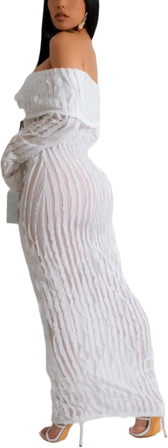 Sexy Button Down Dress for Women See Through Long Sleeve Off Shoulder Bodycon Maxi Dresses