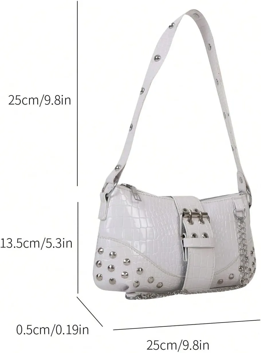 SHENHE Women's Punk Crocodile Purse Rivet Studded Satchel Handbag PU Leather Small Shoulder Bag