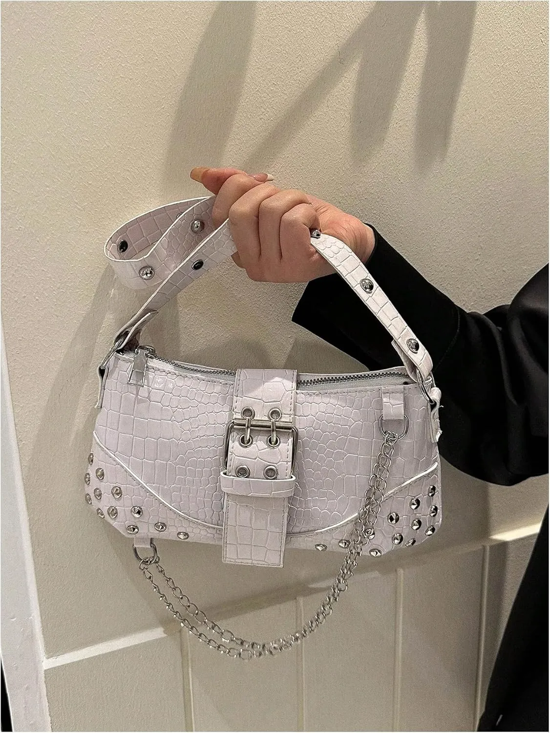 SHENHE Women's Punk Crocodile Purse Rivet Studded Satchel Handbag PU Leather Small Shoulder Bag