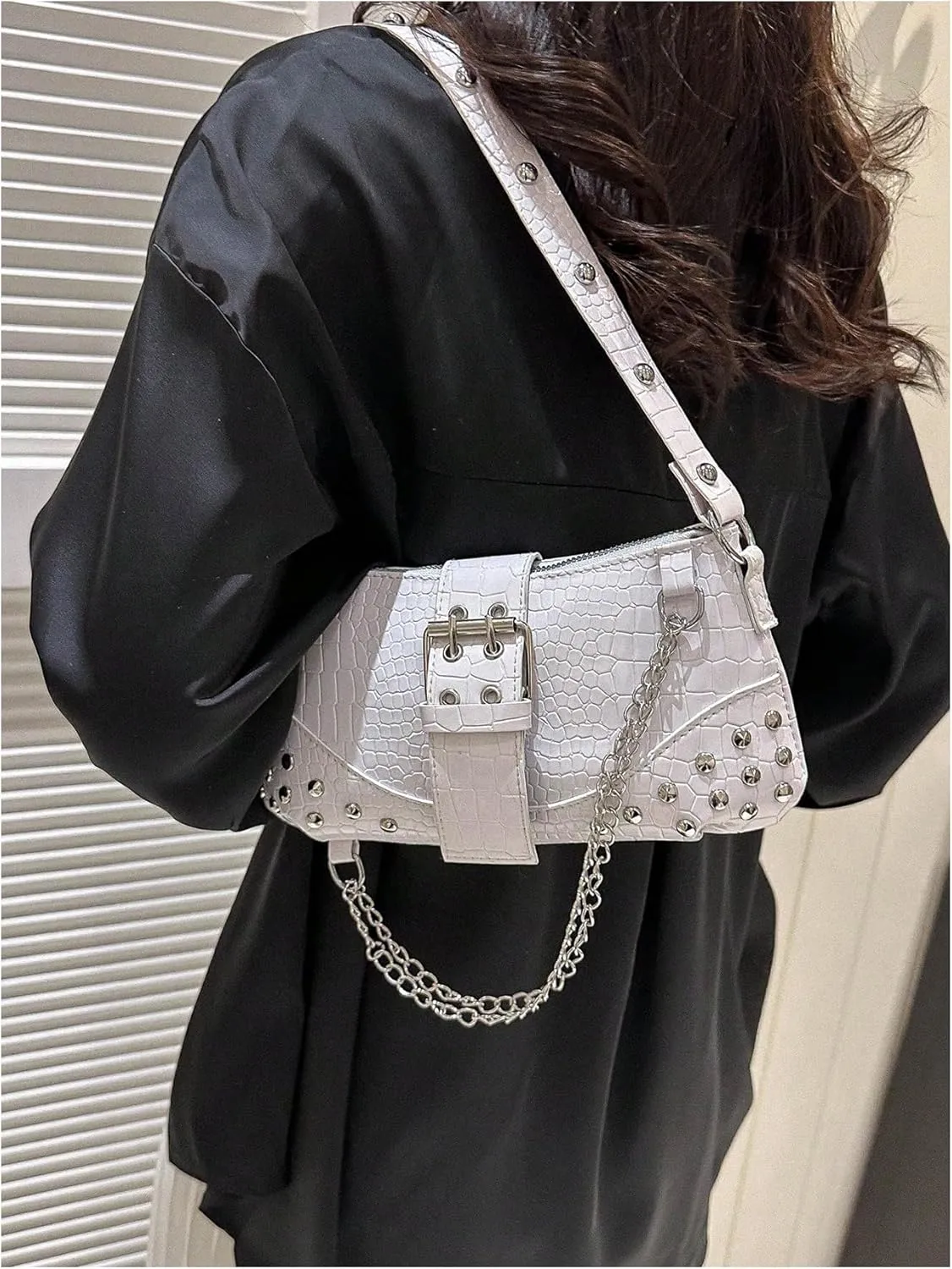 SHENHE Women's Punk Crocodile Purse Rivet Studded Satchel Handbag PU Leather Small Shoulder Bag