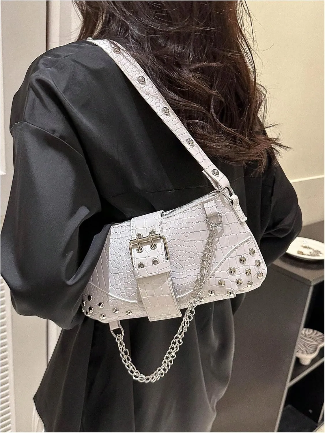 SHENHE Women's Punk Crocodile Purse Rivet Studded Satchel Handbag PU Leather Small Shoulder Bag