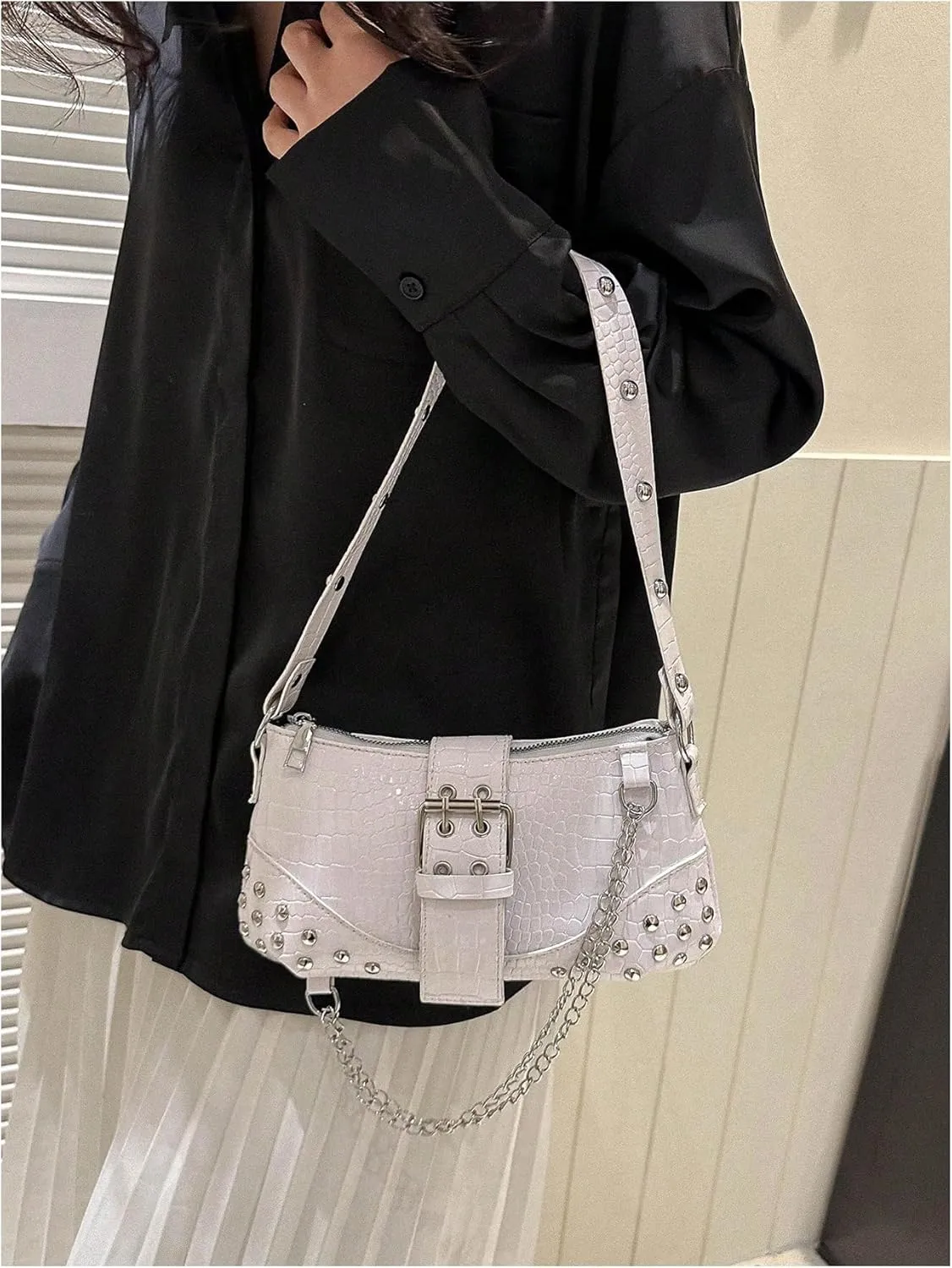 SHENHE Women's Punk Crocodile Purse Rivet Studded Satchel Handbag PU Leather Small Shoulder Bag