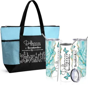 Sieral Social Worker Appreciation Graduation Gifts 20 oz Tumbler with Straw and Brush and Tote Bag for Women School Counselor Intern Employee Coworker Volunteer Nurse Week 2025(Lake Blue)