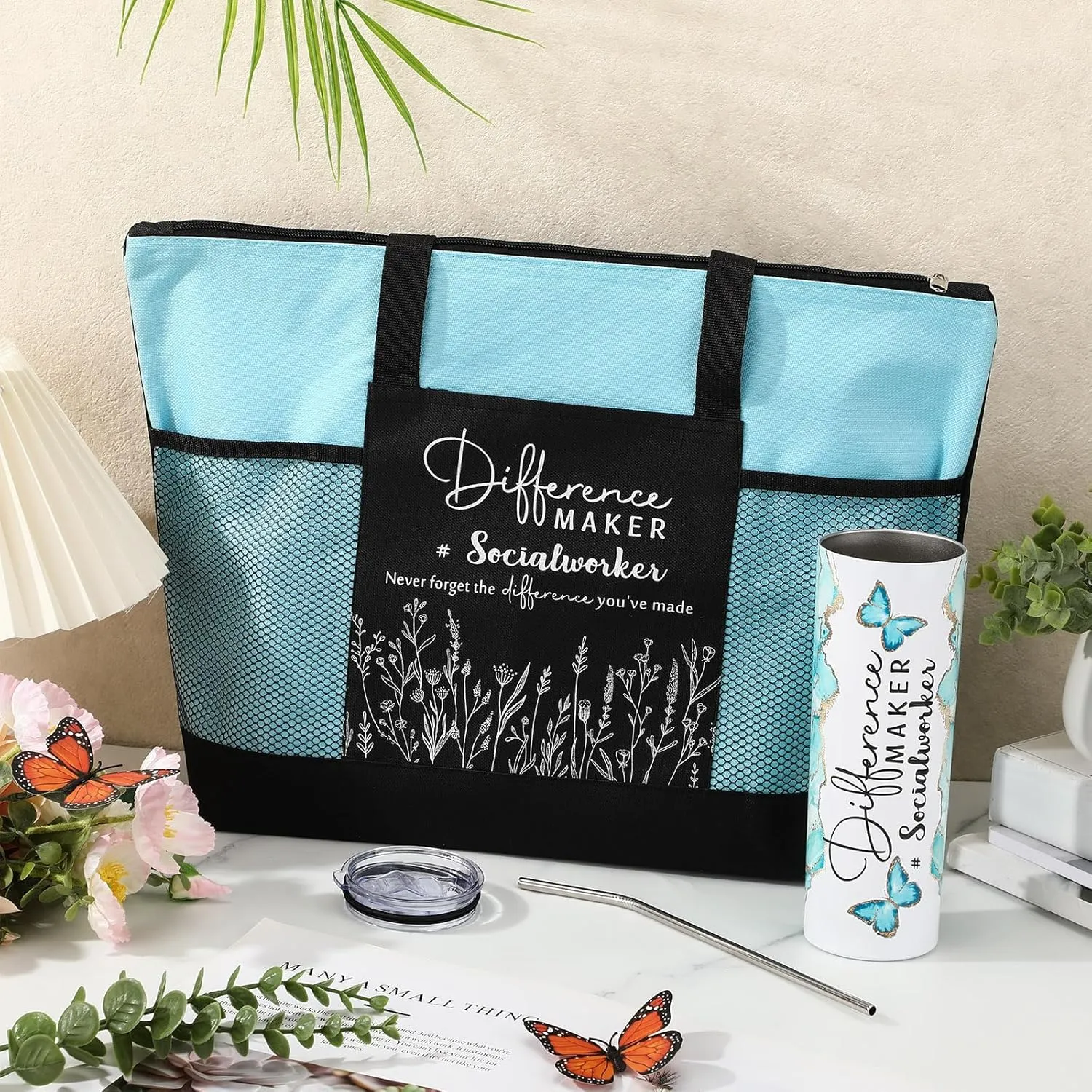 Sieral Social Worker Appreciation Graduation Gifts 20 oz Tumbler with Straw and Brush and Tote Bag for Women School Counselor Intern Employee Coworker Volunteer Nurse Week 2025(Lake Blue)