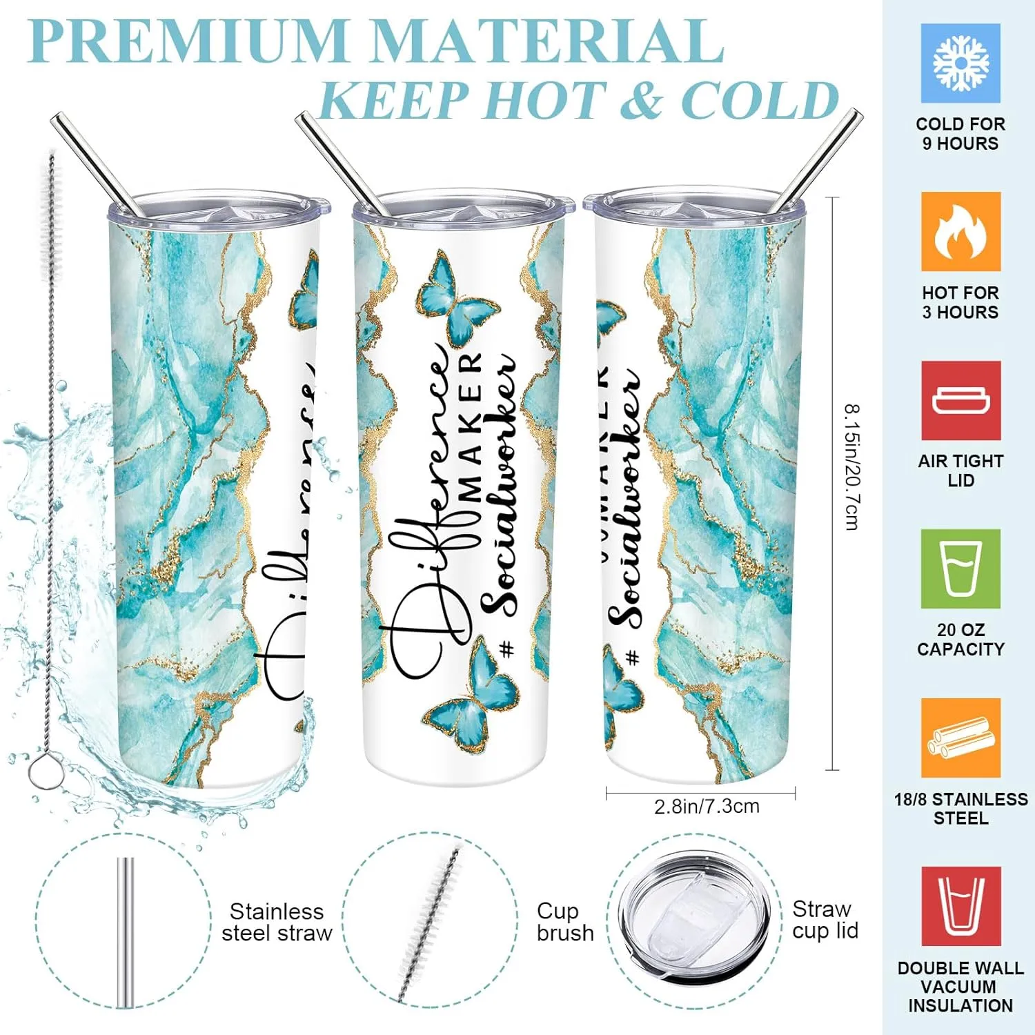Sieral Social Worker Appreciation Graduation Gifts 20 oz Tumbler with Straw and Brush and Tote Bag for Women School Counselor Intern Employee Coworker Volunteer Nurse Week 2025(Lake Blue)