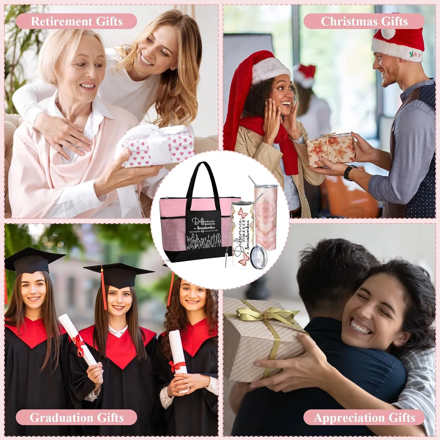 Sieral Social Worker Appreciation Graduation Gifts 20 oz Tumbler with Straw and Brush and Tote Bag for Women School Counselor Intern Employee Coworker Volunteer Nurse Week 2025(Pink)
