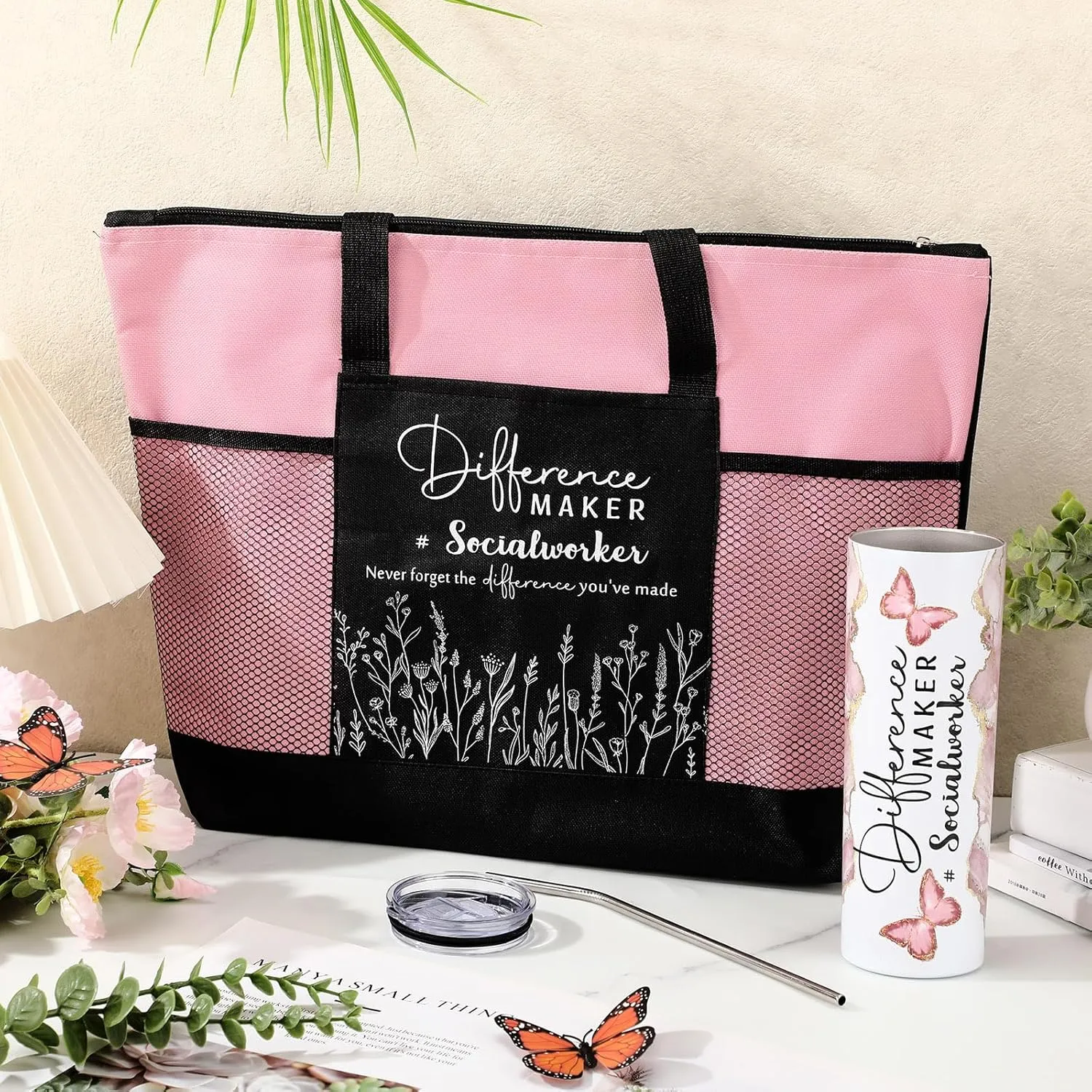 Sieral Social Worker Appreciation Graduation Gifts 20 oz Tumbler with Straw and Brush and Tote Bag for Women School Counselor Intern Employee Coworker Volunteer Nurse Week 2025(Pink)
