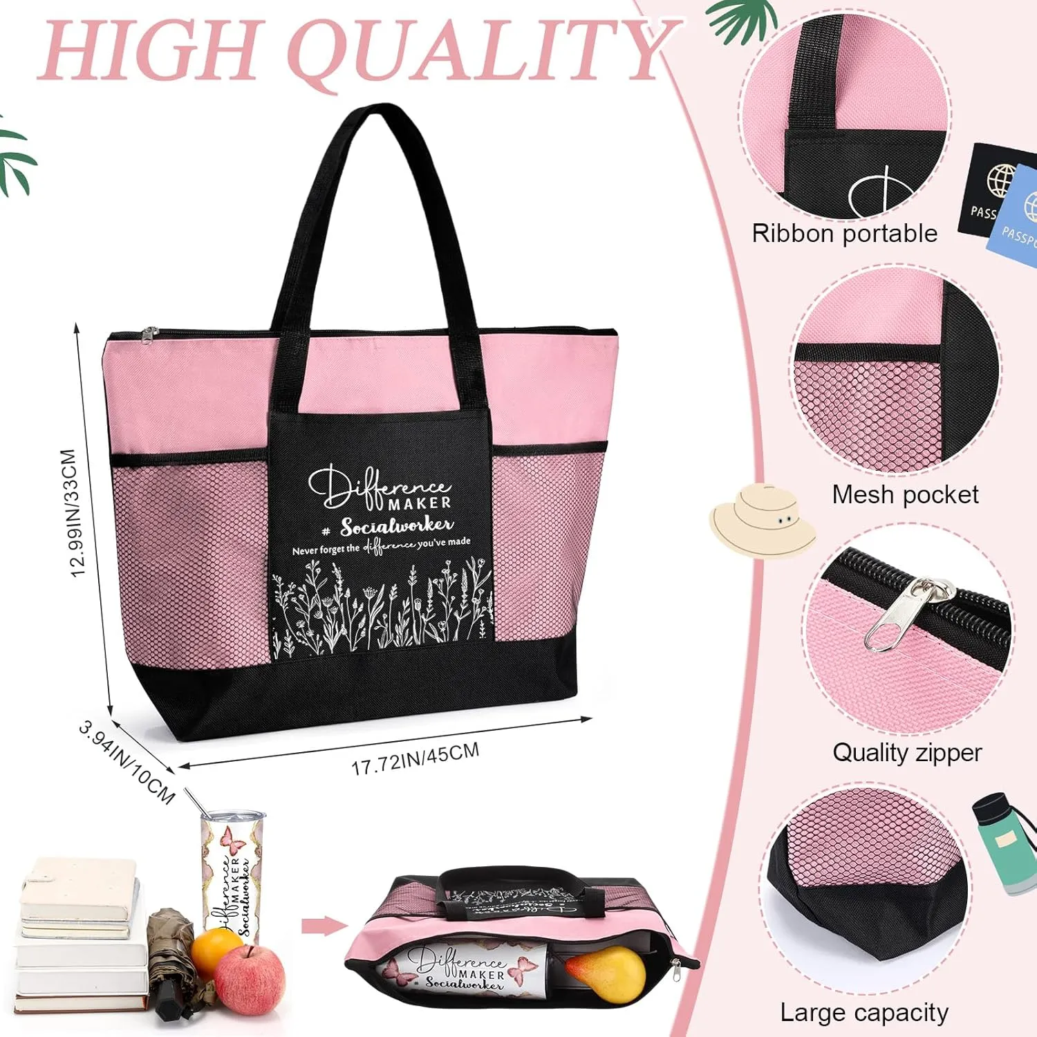 Sieral Social Worker Appreciation Graduation Gifts 20 oz Tumbler with Straw and Brush and Tote Bag for Women School Counselor Intern Employee Coworker Volunteer Nurse Week 2025(Pink)
