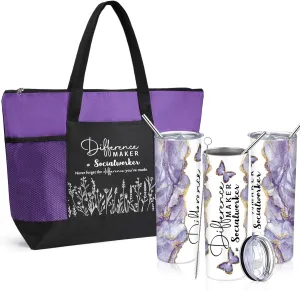 Sieral Social Worker Appreciation Graduation Gifts 20 oz Tumbler with Straw and Brush and Tote Bag for Women School Counselor Intern Employee Coworker Volunteer Nurse Week 2025(Purple)