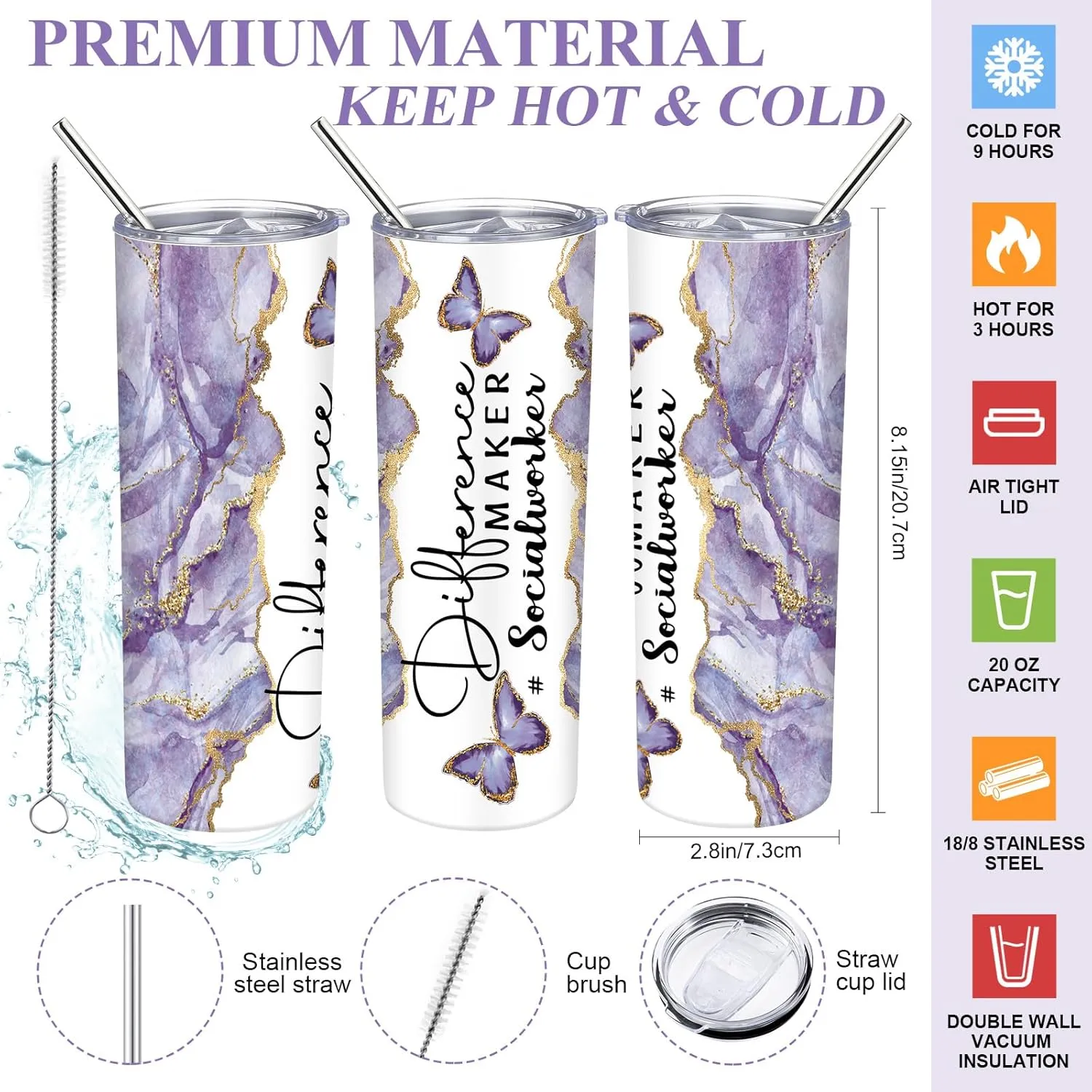 Sieral Social Worker Appreciation Graduation Gifts 20 oz Tumbler with Straw and Brush and Tote Bag for Women School Counselor Intern Employee Coworker Volunteer Nurse Week 2025(Purple)