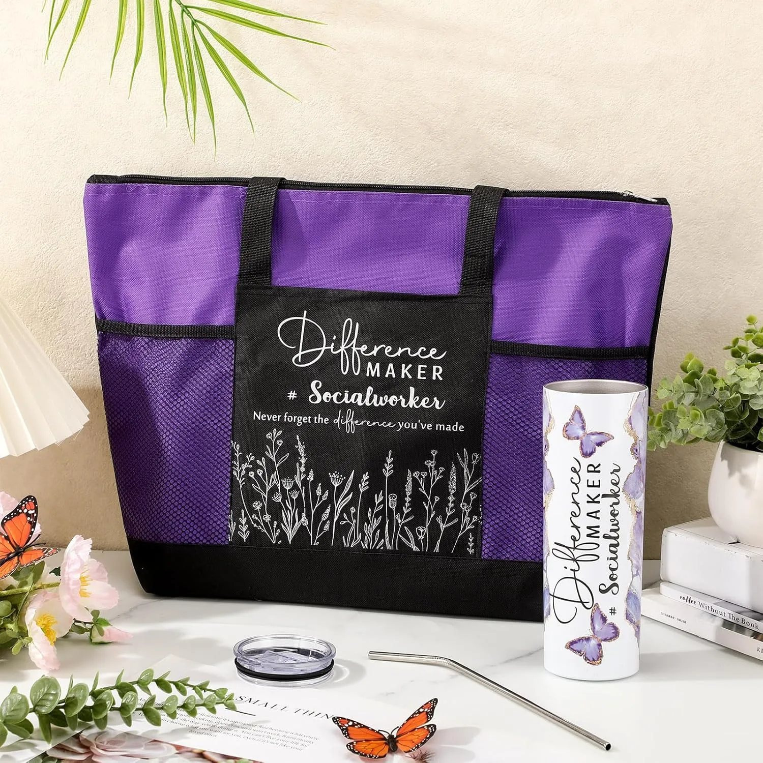 Sieral Social Worker Appreciation Graduation Gifts 20 oz Tumbler with Straw and Brush and Tote Bag for Women School Counselor Intern Employee Coworker Volunteer Nurse Week 2025(Purple)