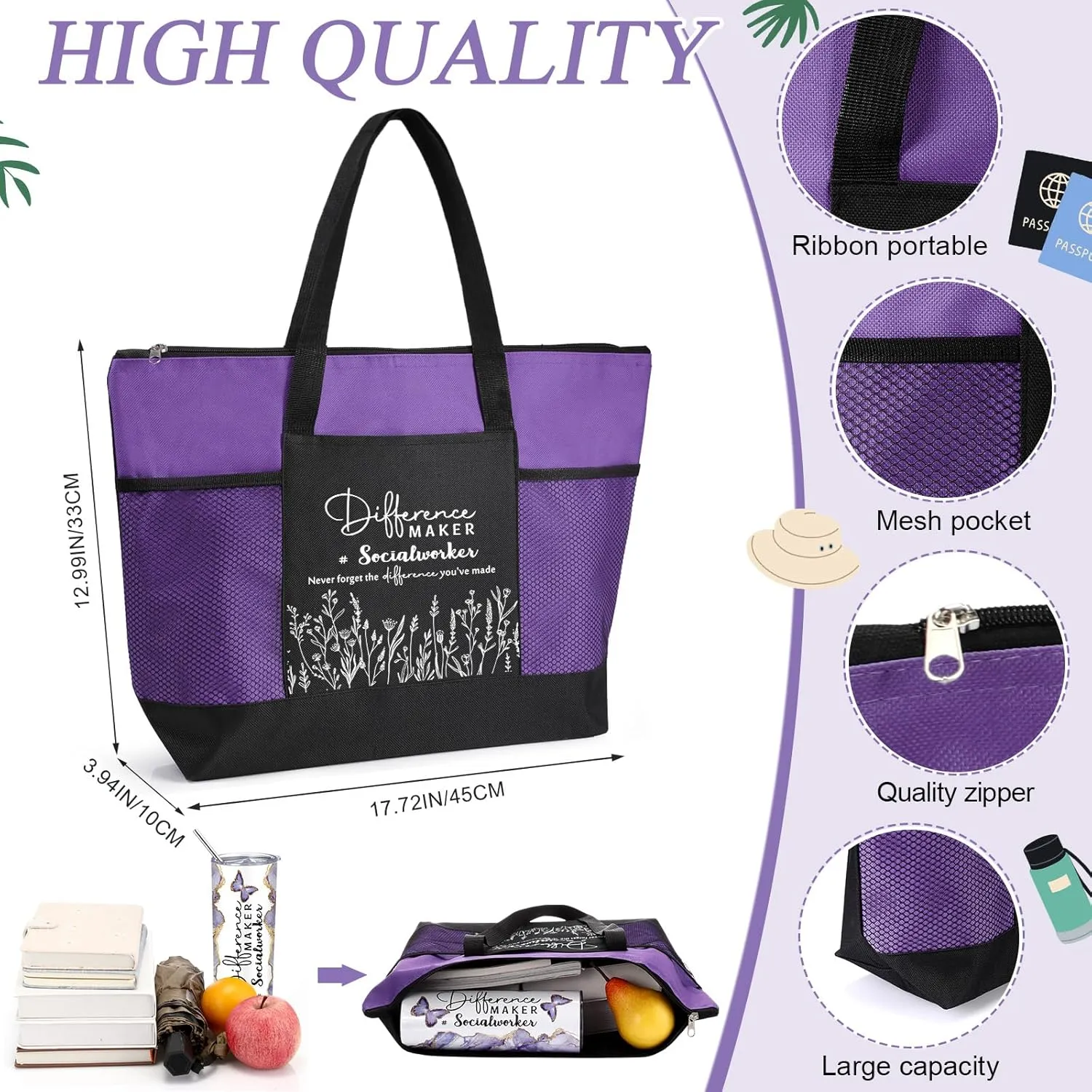 Sieral Social Worker Appreciation Graduation Gifts 20 oz Tumbler with Straw and Brush and Tote Bag for Women School Counselor Intern Employee Coworker Volunteer Nurse Week 2025(Purple)