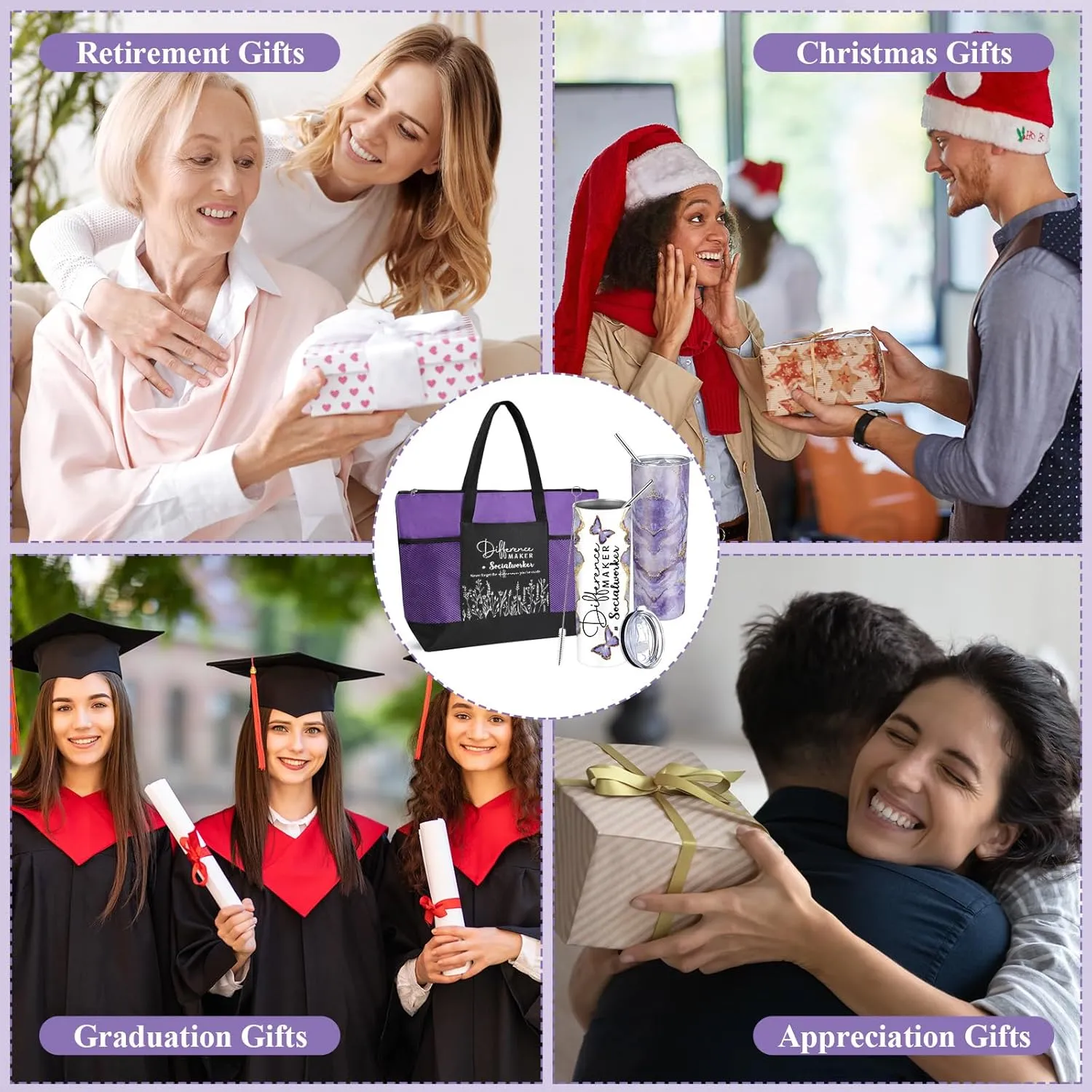 Sieral Social Worker Appreciation Graduation Gifts 20 oz Tumbler with Straw and Brush and Tote Bag for Women School Counselor Intern Employee Coworker Volunteer Nurse Week 2025(Purple)