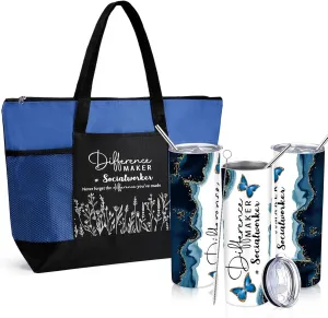 Sieral Social Worker Month Appreciation Gifts 20 oz Tumbler with Straw and Brush and Tote Bag Graduation Retirement Gifts for Women School Counselor Employee Coworker Volunteer(Dark Blue)