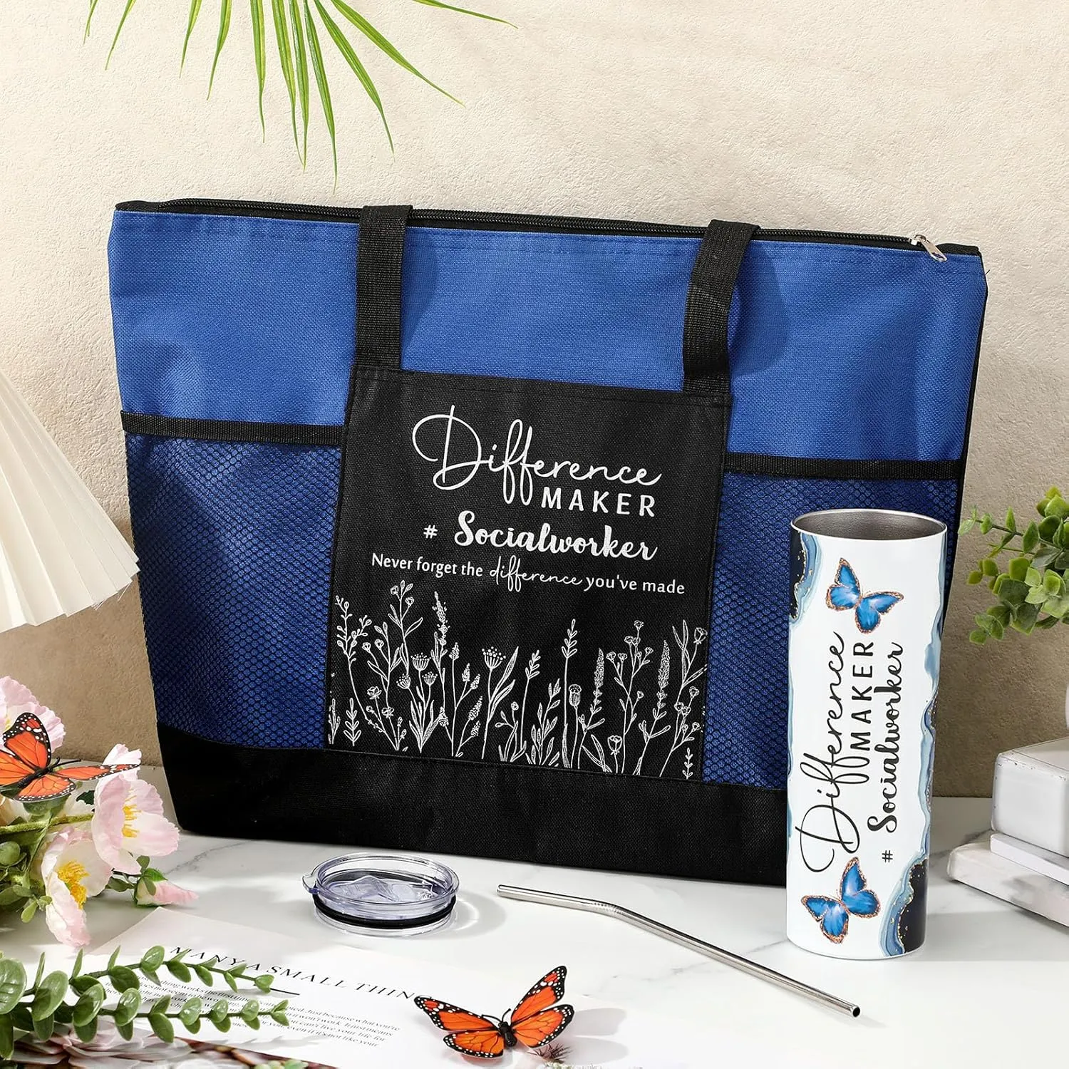 Sieral Social Worker Month Appreciation Gifts 20 oz Tumbler with Straw and Brush and Tote Bag Graduation Retirement Gifts for Women School Counselor Employee Coworker Volunteer(Dark Blue)