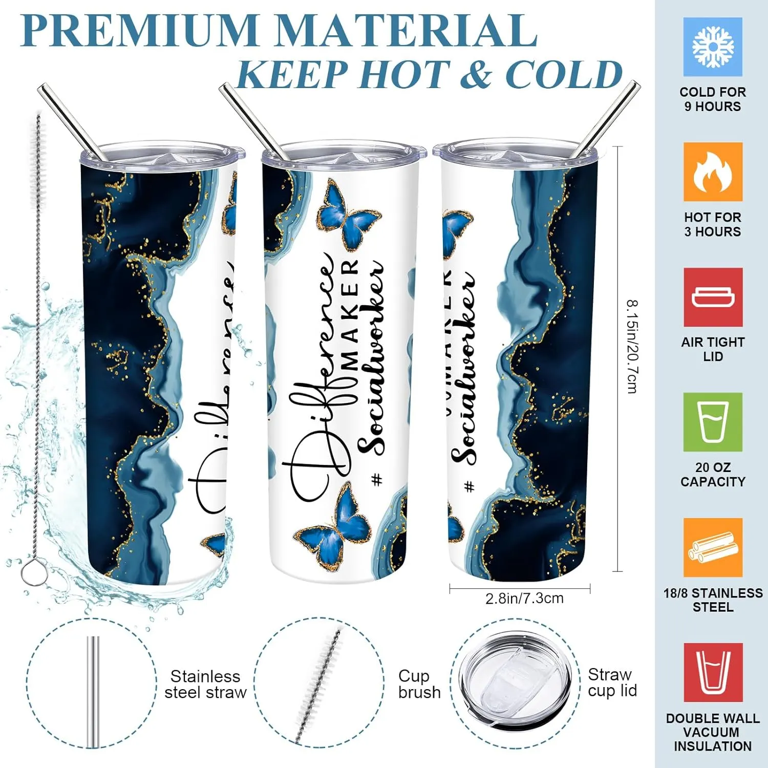 Sieral Social Worker Month Appreciation Gifts 20 oz Tumbler with Straw and Brush and Tote Bag Graduation Retirement Gifts for Women School Counselor Employee Coworker Volunteer(Dark Blue)