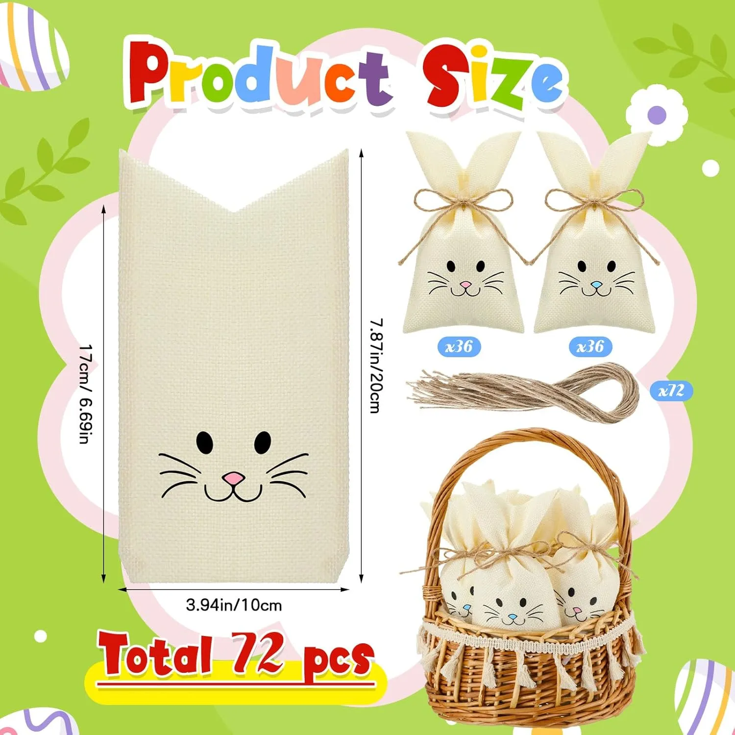 SilTriangle 72 Pcs Easter Treat Sacks Bags with Drawstring Bunny Gift Bags Bunny Party Favors Small Burlap Bags for Kids Goody Basket Party Supplies Cookies Candy Chocolate Hunt Stuffer