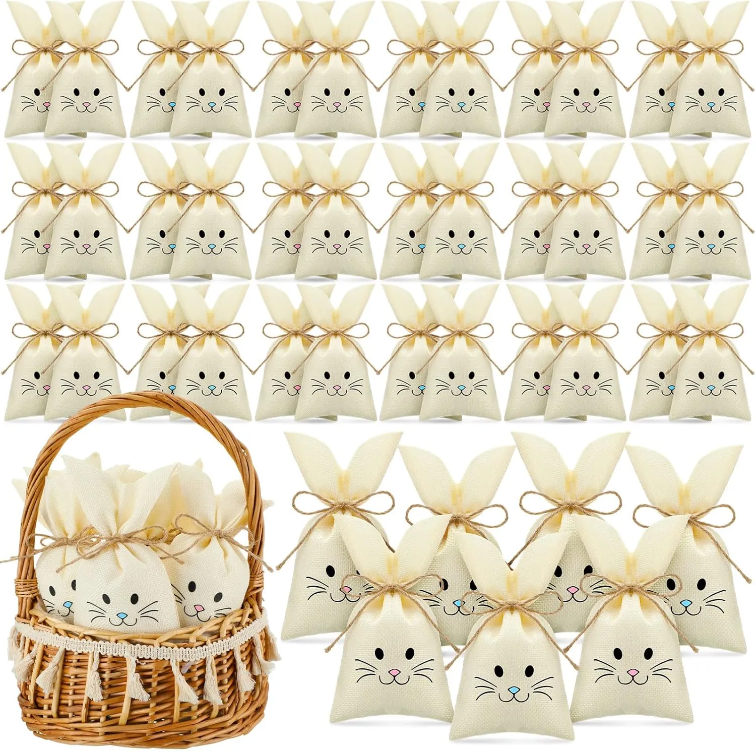 SilTriangle 72 Pcs Easter Treat Sacks Bags with Drawstring Bunny Gift Bags Bunny Party Favors Small Burlap Bags for Kids Goody Basket Party Supplies Cookies Candy Chocolate Hunt Stuffer