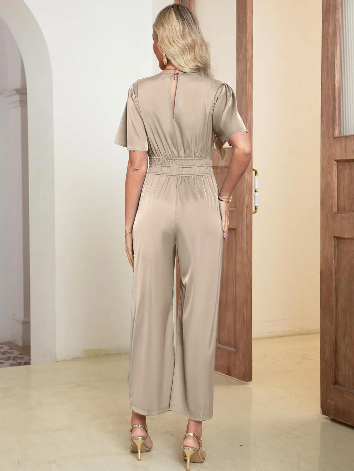 Simplee Women's Short Sleeve Formal Jumpsuit Casual Dressy V Neck Empire Waist Elegant Satin Jumpsuits Rompers With Pockets