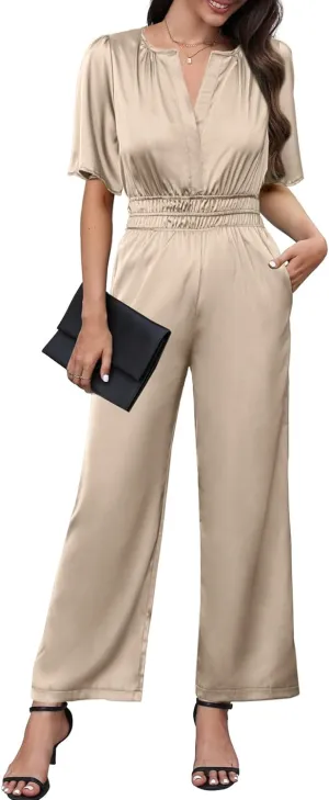 Simplee Women's Short Sleeve Formal Jumpsuit Casual Dressy V Neck Empire Waist Elegant Satin Jumpsuits Rompers With Pockets