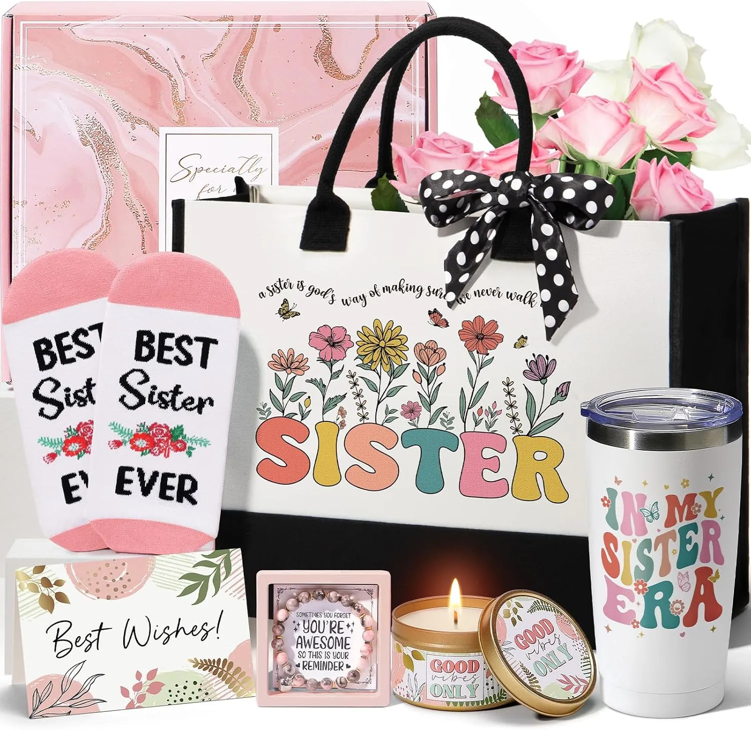 Sisters Gifts from Sister Mothers Day Gifts for Sister from Brother, Best Sisters Birthday Gift Ideas for Bestie Bff, Funny Friendship Gift for Women Sis Unique Retro Basket w/Canvas Tote Bag