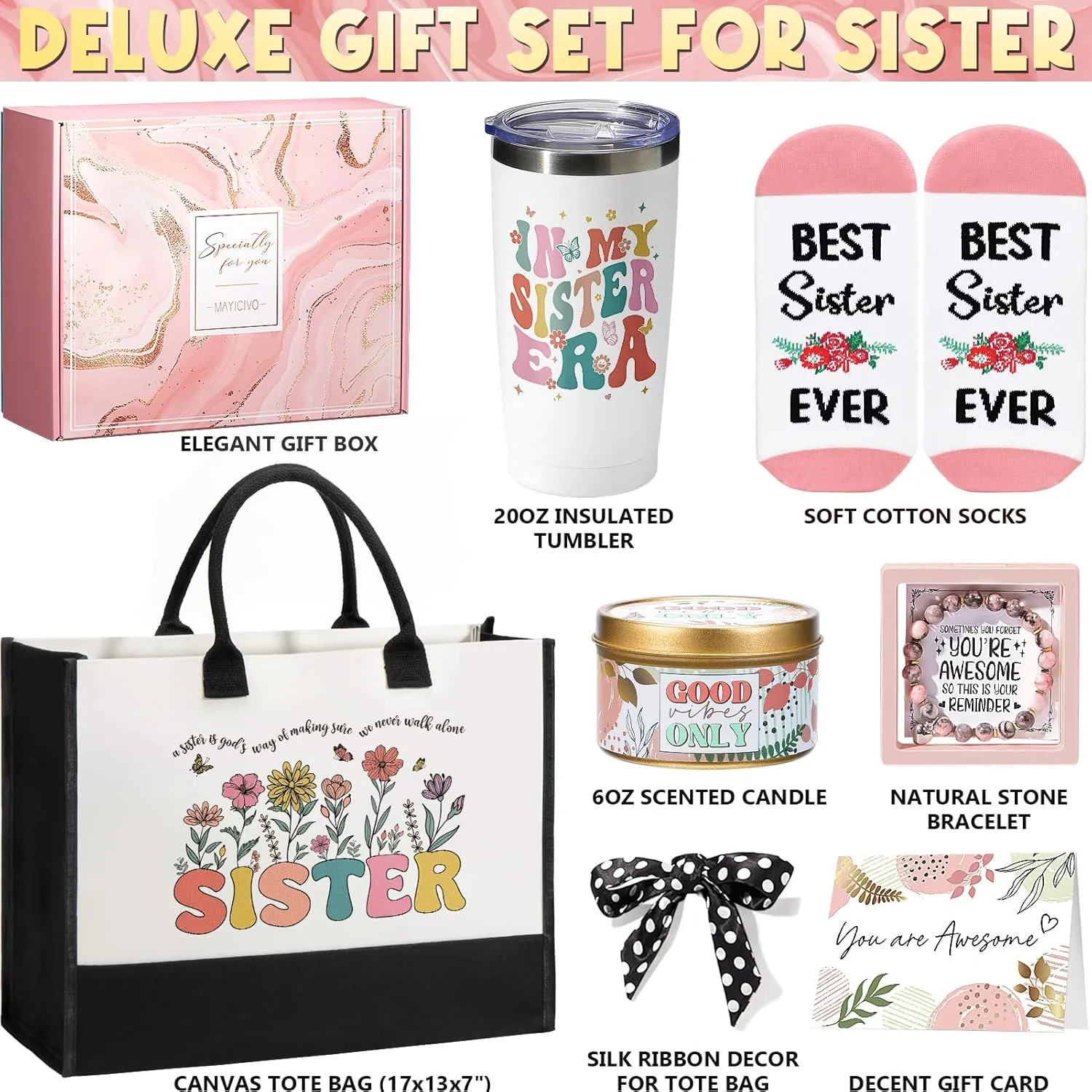 Sisters Gifts from Sister Mothers Day Gifts for Sister from Brother, Best Sisters Birthday Gift Ideas for Bestie Bff, Funny Friendship Gift for Women Sis Unique Retro Basket w/Canvas Tote Bag