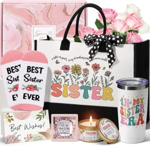 Sisters Gifts from Sister Mothers Day Gifts for Sister from Brother, Best Sisters Birthday Gift Ideas for Bestie Bff, Funny Friendship Gift for Women Sis Unique Retro Basket w/Canvas Tote Bag