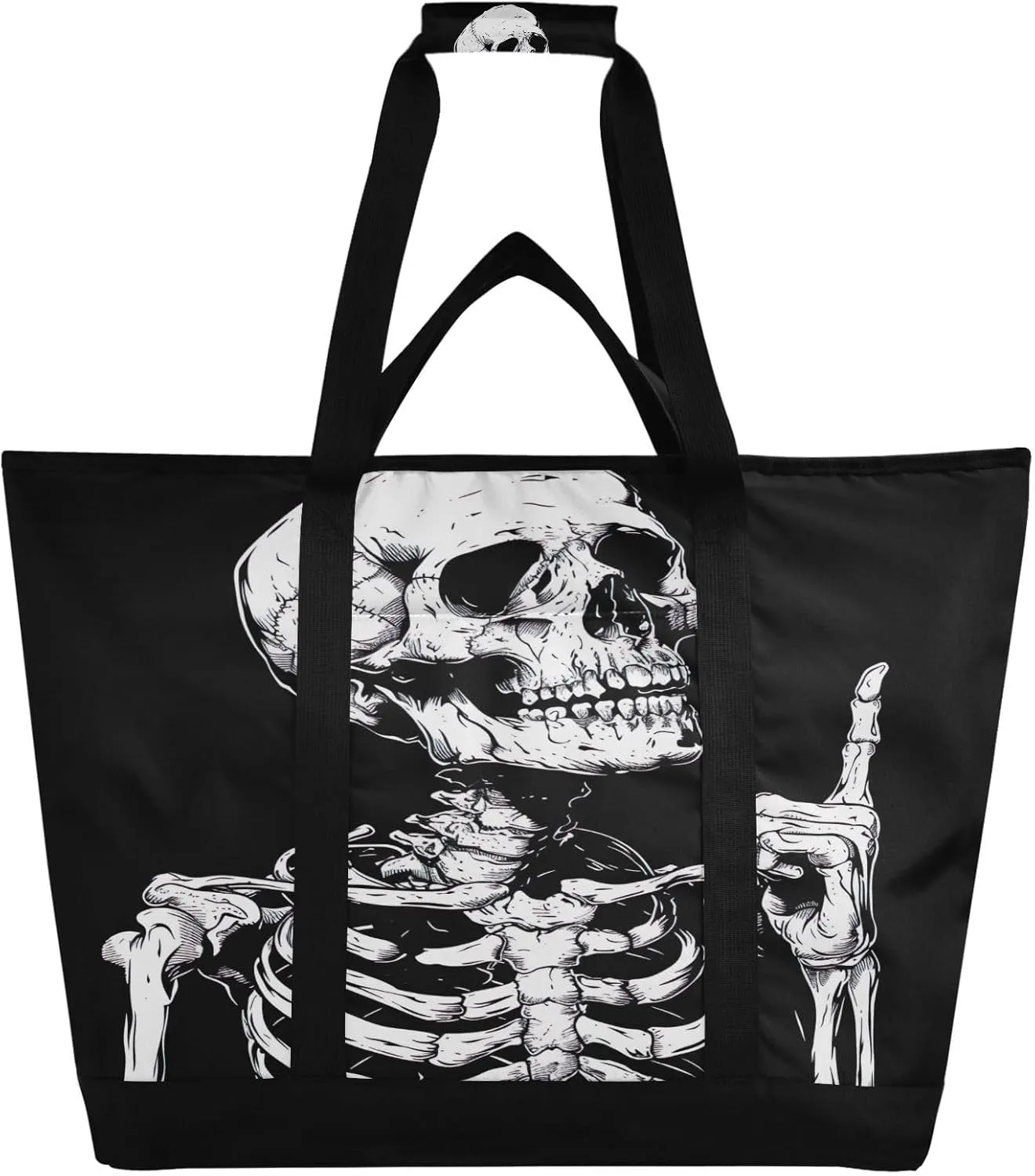 Skeleton Insulated Cooler Bag with Zipper & Pocket, Foldable Grocery Bags Leak Proof Reusable Lunch Bags Portable Travel Tote Bag for Food Delivery, Shopping, Beach or Picnic