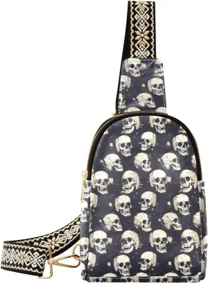 Skull Compact Fashion Daypack Full-Print PU Leather Crossbody Bag with Card Pocket & Adjustable Strap for Women on the Go Festivals Travel & Hikes