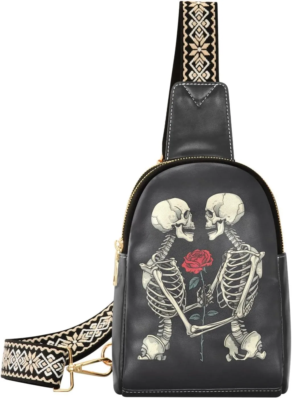 Skull Rose Stylish PU Leather Waist Pack Soft Waterproof Crossbody Bag with Metal Hardware Fits Keys Phone Passport for Work Walks Music Fests & Trips