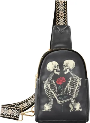 Skull Rose Stylish PU Leather Waist Pack Soft Waterproof Crossbody Bag with Metal Hardware Fits Keys Phone Passport for Work Walks Music Fests & Trips