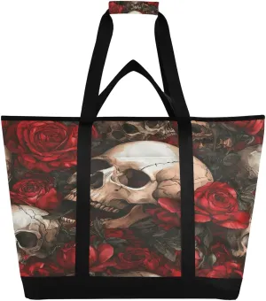 Skulls and Roses Reusable Insulated Lunchbox Cooler Bag, Leakproof Kitchen Grocery Bag Collapsible Portable Cooler Tote Bag for Picnic, Camping, Office, Travel