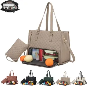 Slynq Lunch Tote, 2 in 1 Tote Bag Lunch Bag Combo, Laptop Bags with Insulated Lunch Compartment for Women, Laptop Tote Bag with Insulated Compartment, 15.6 Inch (Khaki)