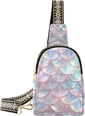 Small Sling Bag for Women Pastel Sheer Mermaid Scales Leather Crossbody Bags Chest Bag Waist Packs