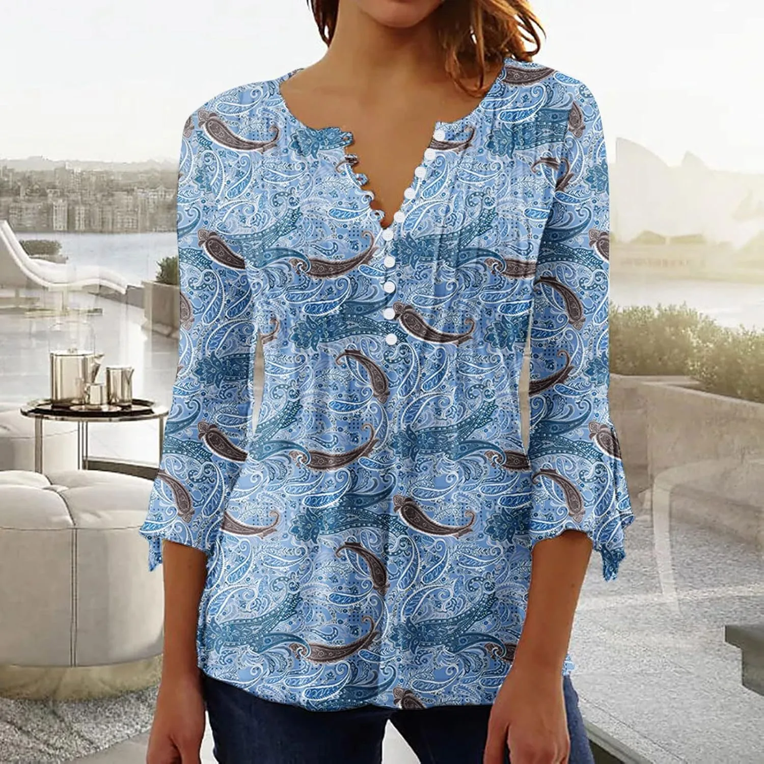 SMIDOW Three Quarter Bell Sleeve Tops for Women Fashion Summer Tunic Shirt 3/4 Sleeve Henley v Neck Boho Floral Tshirt Blouse