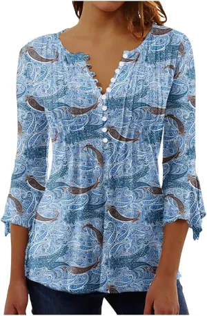 SMIDOW Three Quarter Bell Sleeve Tops for Women Fashion Summer Tunic Shirt 3/4 Sleeve Henley v Neck Boho Floral Tshirt Blouse