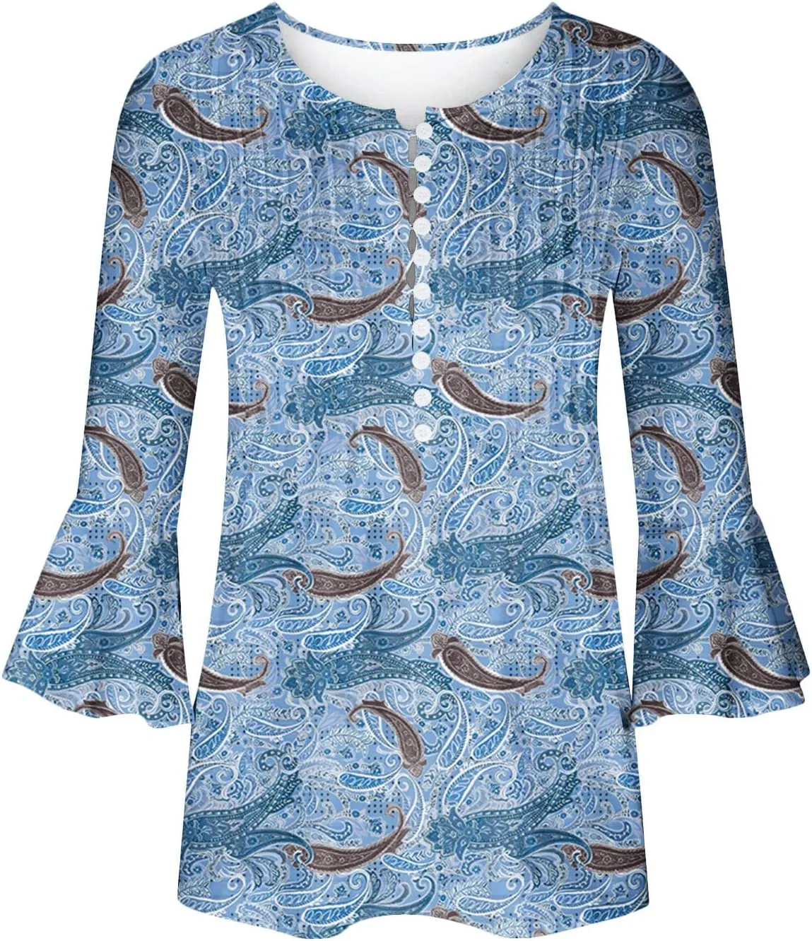 SMIDOW Three Quarter Bell Sleeve Tops for Women Fashion Summer Tunic Shirt 3/4 Sleeve Henley v Neck Boho Floral Tshirt Blouse
