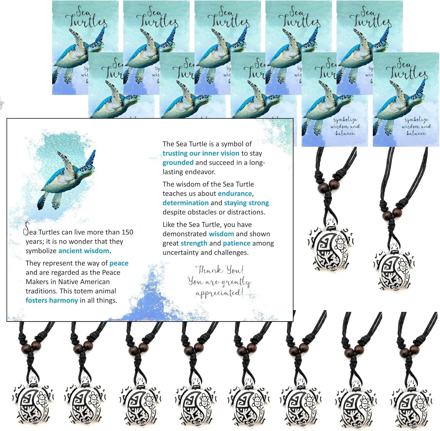 Smiling Wisdom - 10 Bulk Gifts - Employee Staff Appreciation Greeting Cards and Yak Bone Turtle Gift Sets - Women Men - 30pcs - Sea Turtle White and Black
