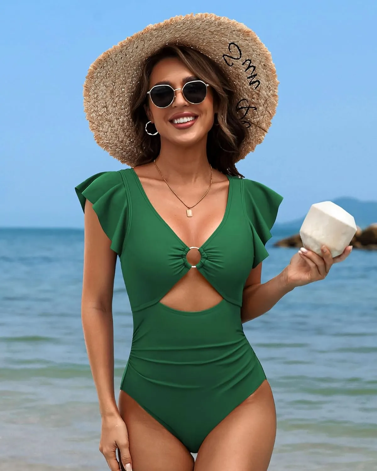 SOCIALA Swim Suits for Women Ruffle One Piece Tummy Control O-Ring Cutout Bathing Suit Full Coverage Swimwear