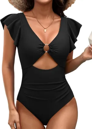 SOCIALA Swim Suits for Women Ruffle One Piece Tummy Control O-Ring Cutout Bathing Suit Full Coverage Swimwear