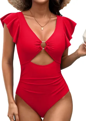 SOCIALA Swim Suits for Women Ruffle One Piece Tummy Control O-Ring Cutout Bathing Suit Full Coverage Swimwear