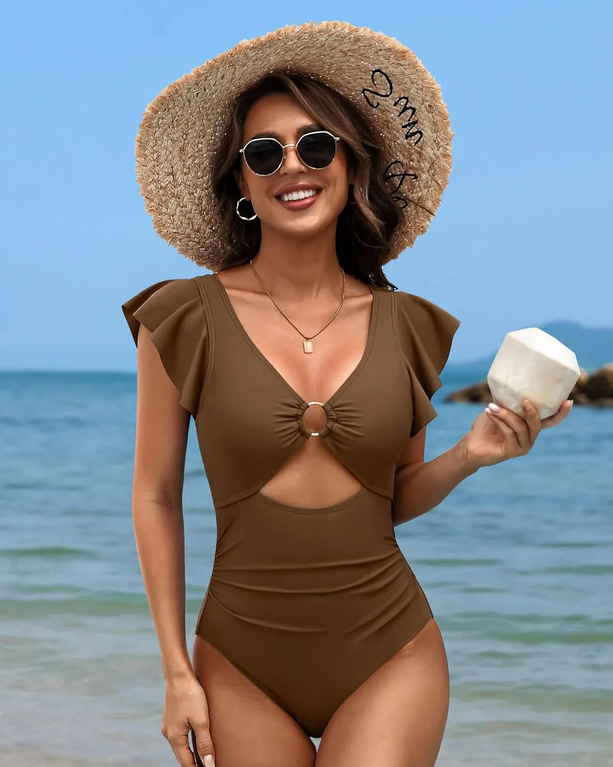 SOCIALA Swim Suits for Women Ruffle One Piece Tummy Control O-Ring Cutout Bathing Suit Full Coverage Swimwear