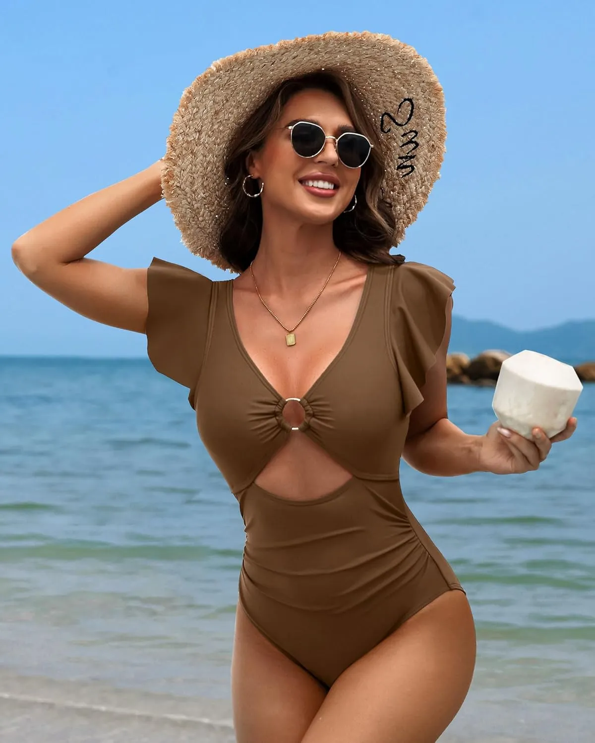 SOCIALA Swim Suits for Women Ruffle One Piece Tummy Control O-Ring Cutout Bathing Suit Full Coverage Swimwear