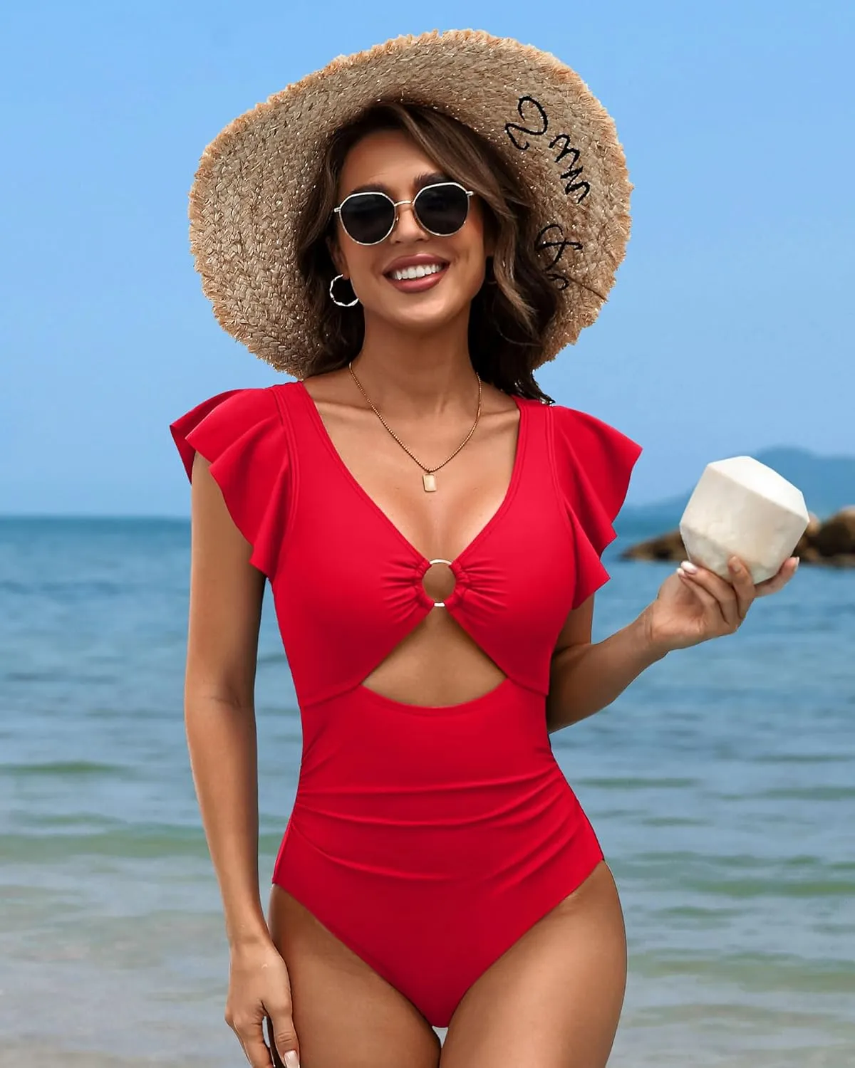 SOCIALA Swim Suits for Women Ruffle One Piece Tummy Control O-Ring Cutout Bathing Suit Full Coverage Swimwear