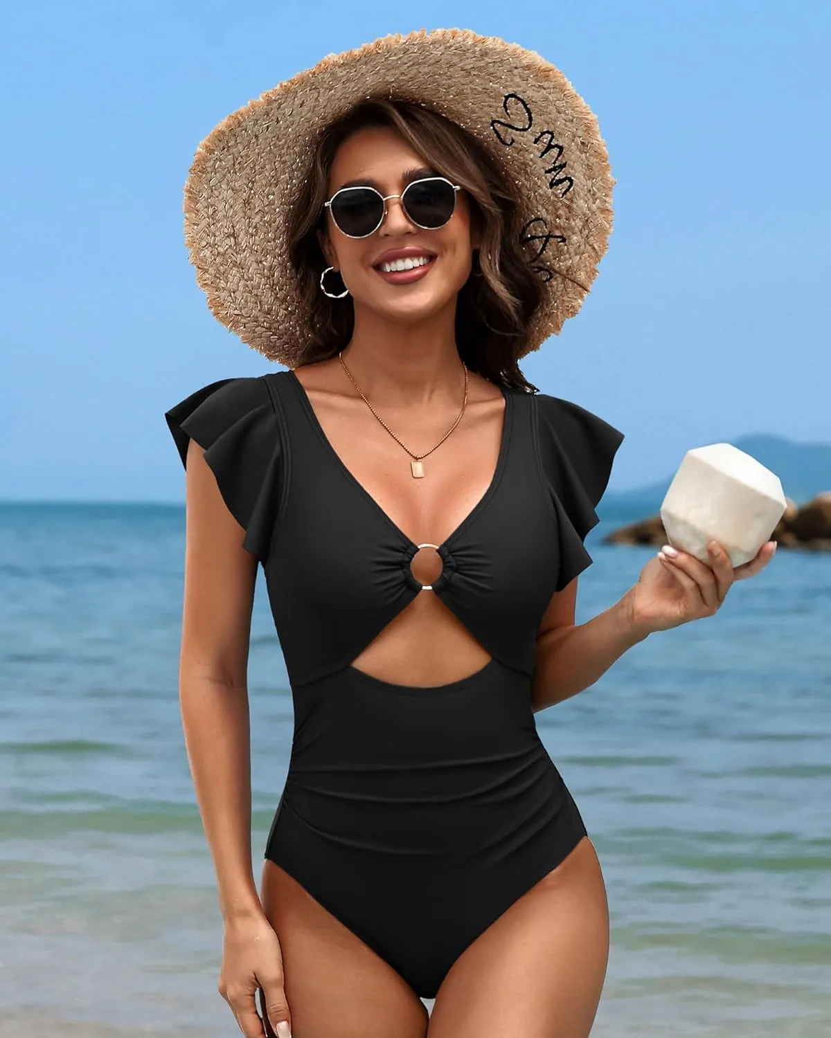 SOCIALA Swim Suits for Women Ruffle One Piece Tummy Control O-Ring Cutout Bathing Suit Full Coverage Swimwear